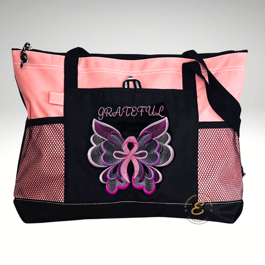 GRATEFUL Embroidered Pink Ribbon Butterfly Breast Cancer Awareness Large Totes