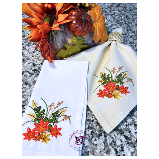 Fall / Autumn Leaves Linen Embroidered Dinner Napkins