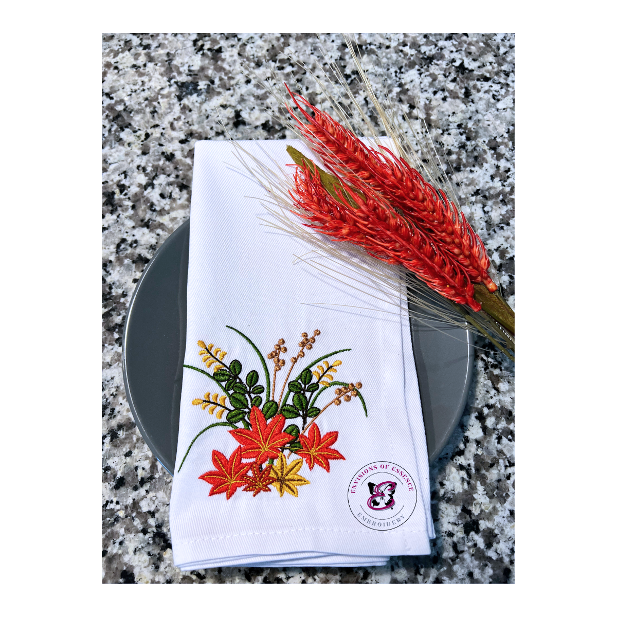 Fall / Autumn Leaves Linen Embroidered Dinner Napkins