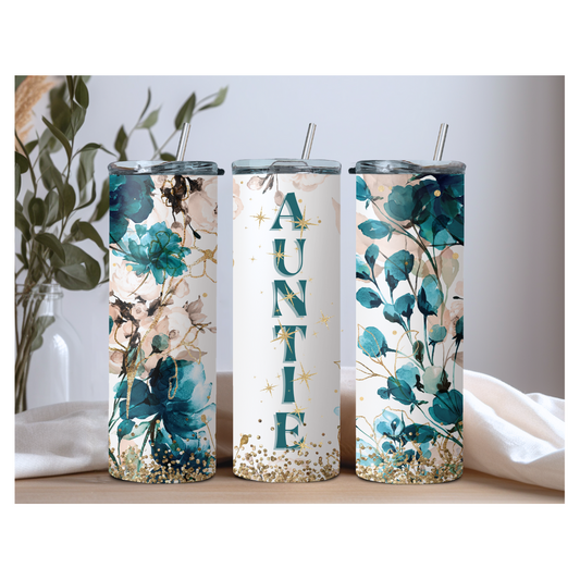 Auntie-Themed Blue and Gold Floral Tumblers